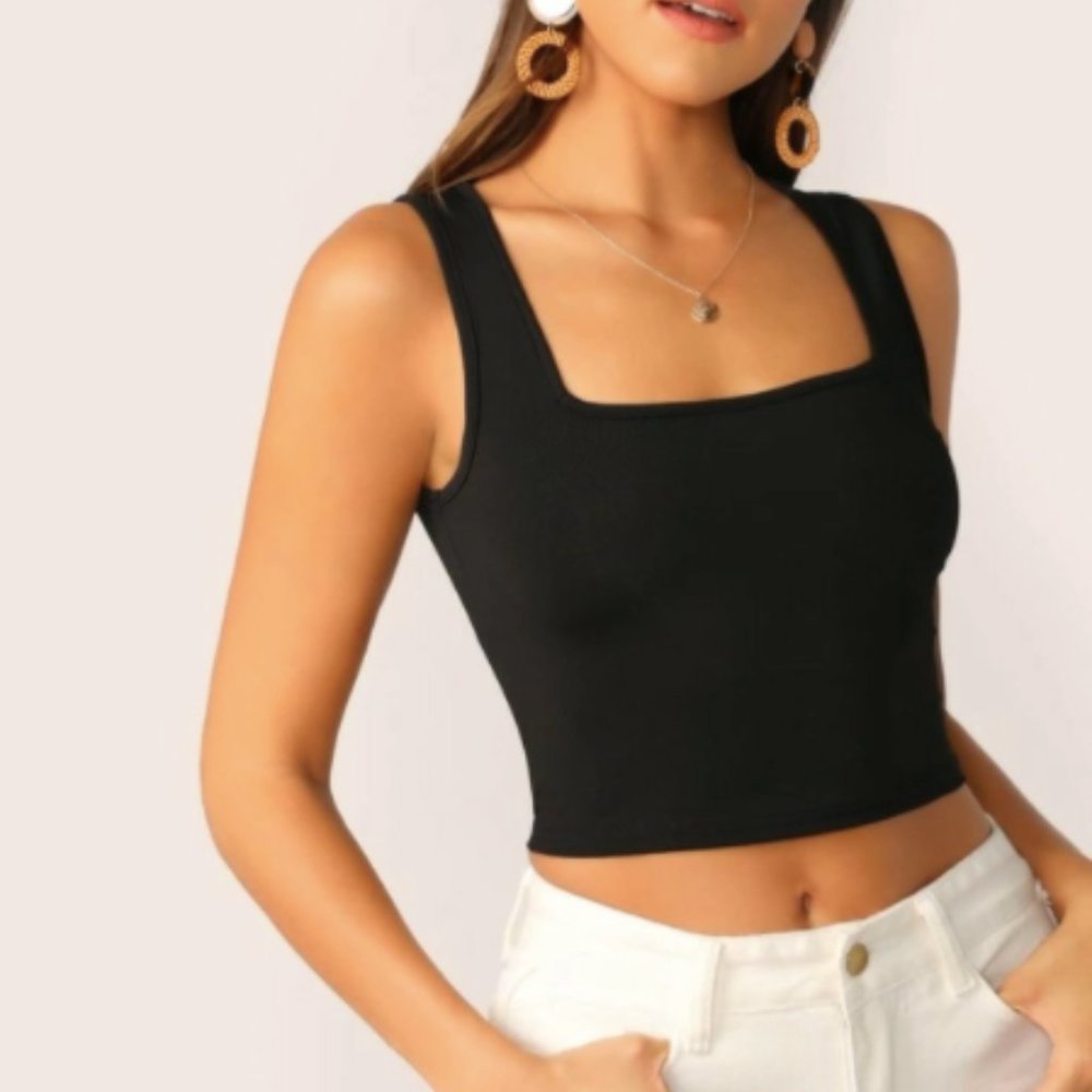 Square Neck Ribbed Crop Tank Top